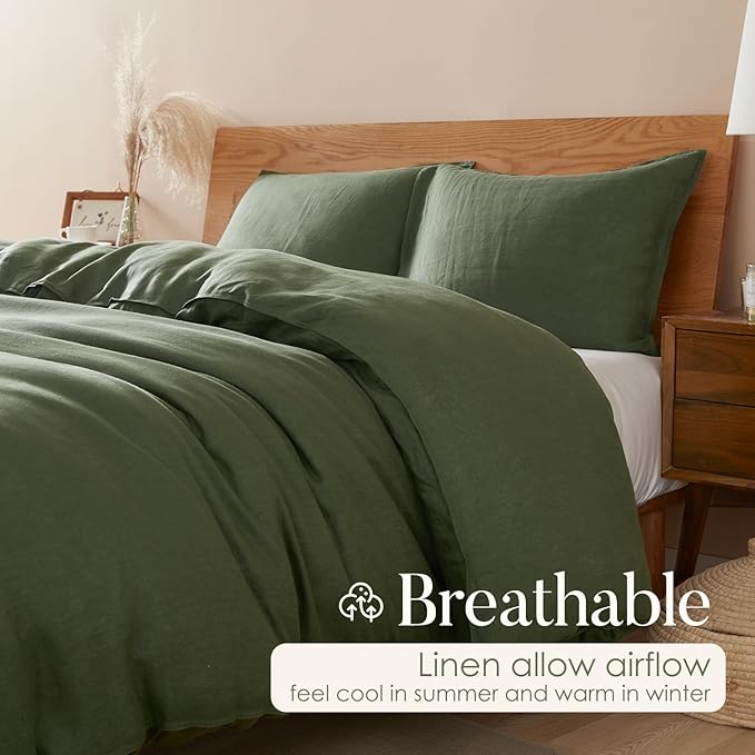 DAPU 100% Linen Duvet Cover Twin 2PCs, Pure Natural French Flax Linen Duvet Cover King 68"x90" with Corner Ties and Zipper Closure, Soft Breathable Durable for Hot Sleepers (Olive Green, Twin)