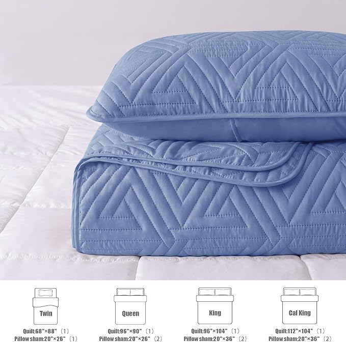 Whale Flotilla Soft King Size Quilt Set for All Seasons, 3-Piece Ultrasonic Geometric Quilts Bedding Set, Lightweight Reversible Bedspread, Coverlet, Bed Cover with 2 Pillow Shams, Bluish Grey