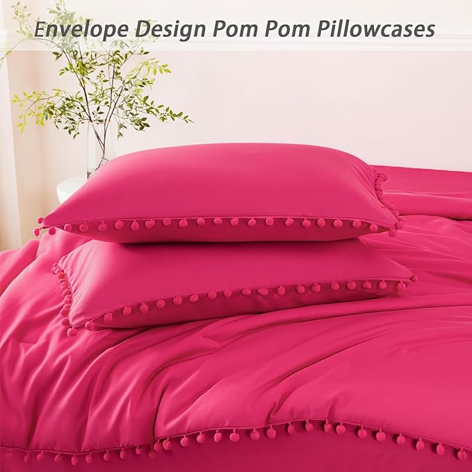 PERFEMET 5-Piece Hot Pink Comforter Sets Twin Size Pom Pom Girls Bedding Set with Sheets Soft Aesthetic Boho Bed in a Bag Solid Bedding Comforter for All Season(Hot Pink, Twin)