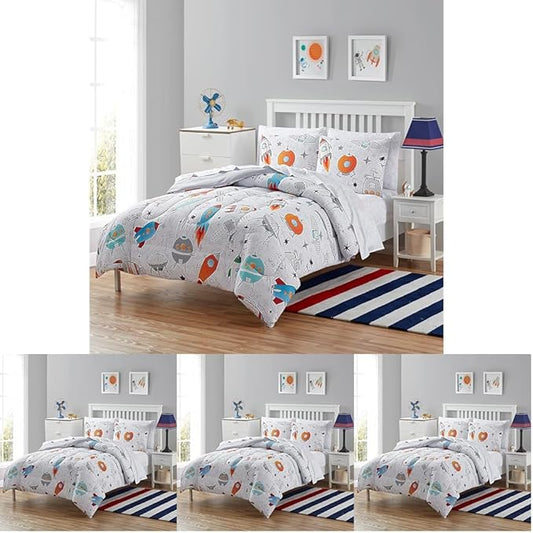 Kids Bedding Set Bed in a Bag for Boys and Girls Toddlers Printed Sheet Set and Comforter, Twin, Floating in Space (Pack of 4)