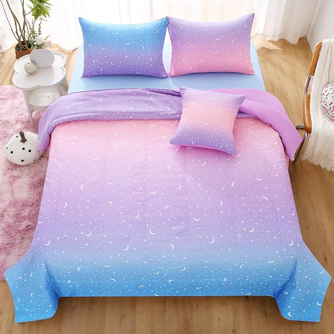 JQinHome Queen Girls Comforter Set,6 Piece Bed in A Bag 3D Purple Orange Glitter Bedding Set -All Season Microfiber Rainbow Bedding Sets for Girls Women