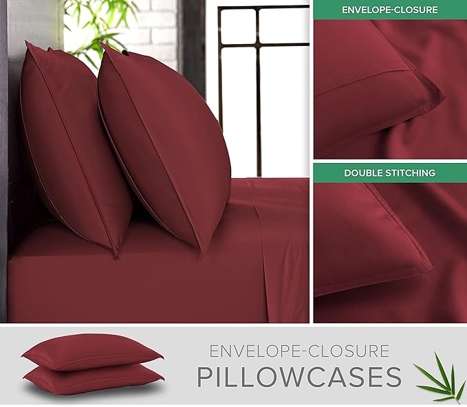 Pure Bamboo Full Sheets, Genuine 100% Organic Viscose Derived from Bamboo Bed Sheet Set, Luxuriously Soft & Cooling, Double Stitching, 2 Year Quality Promise (Full, Merlot)