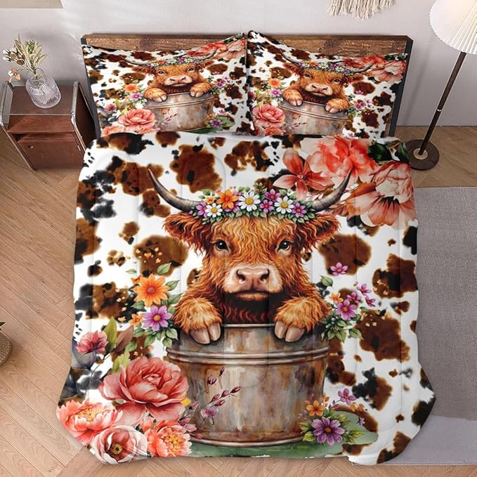 Full Size Comforter Set with 2 Pillowcases, Cute Happy Highland Bull 3 Pcs Bedding for Kids and Adults, Flower Cow Print Soft Comforter Set for Bedroom Bed Decor