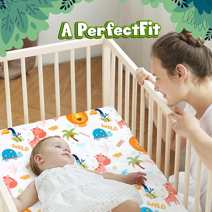 UOMNY Crib Sheet 52x28 Baby Sheet for Girls Boys,Breathable Animal Jungle Fitted Crib Sheet for Standard Crib and Toddler Mattress Soft Toddler Sheet