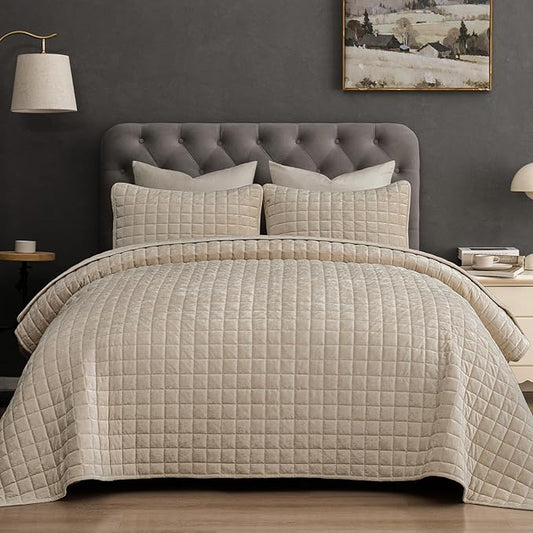 PHF Luxurious Velvet Quilt Set King Size – 3PCS Super Soft Quilted Comforter Alternative with Square-Box Quilt Pattern, Warm Quilted Bedspread Coverlet, 108" x 92", Oxford Tan