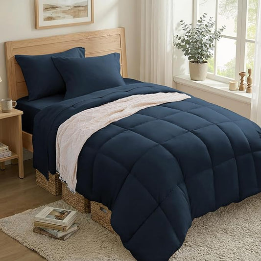 Anluoer Twin Size Bed in a Bag 5 Pieces, Navy Blue Bed Comforter Set with Sheets, All Season Bedding Sets with 1 Comforter, 1 Pillow Sham, 1 Pillowcase, 1 Flat Sheet, 1 Fitted Sheet