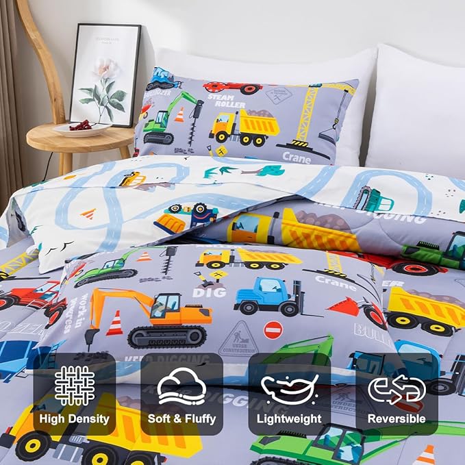 Holawakaka Trucks Tractors Cars Boy Bedding Comforter Set with Sheets, Full Size Cartoon Construction Car Excavator Print Kids Bed in A Bag 5-Piece, Boys Reversible Dorm Bed Sets (Red Full)