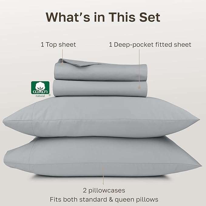 California Design Den Thick and Natural Queen Sheet Set 100% Cotton - 1000 Thread Count Sateen, Durable Bed Sheets Queen Set - Light Grey