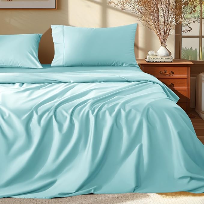 Shilucheng 100% Egyptian Cotton King Size Sheets Set - 1000 Thread Count，Luxury Cotton Bed Sheets，Breathable & Cooling Bedding and Pillow Cases, 16 Inch Deep Pocket - 4 Piece (Spa Blue, King)