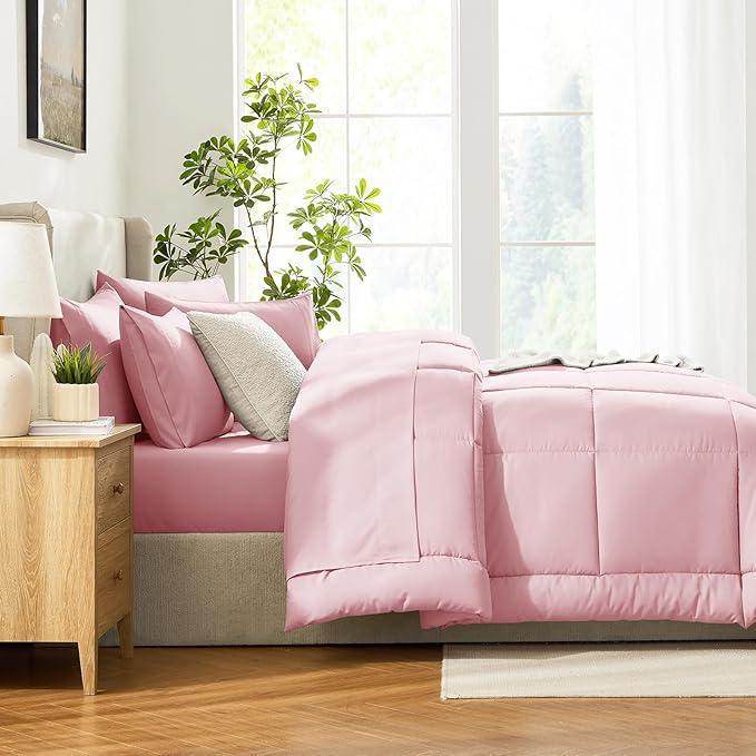 CozyLux Queen Size Comforter Sets Pink, 7 Pieces Bed in a Bag, Pink Comforter Queen Size, All Season Bedding Sets with Stitch Quilted Comforter, Flat Sheet, Fitted Sheet, Pillowcases