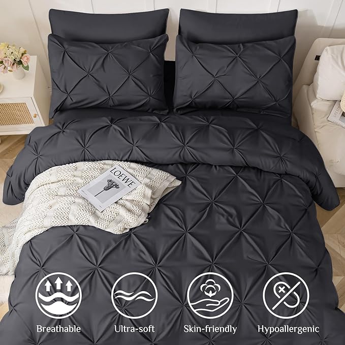 JOLLYVOGUE Full Size Comforter Sets 7 Pieces - Bed in a Bag Full for All Season, Pintuck Bedding Comforter Sets with Comforter, Flat Sheet, Fitted Sheet and Pillowcases & Shams, Dark Grey