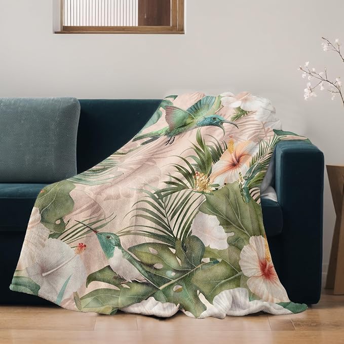 Colorful Hummingbird Blanket Lightweight Blankets Gifts for Adults Flannel Throw with Bird and Hibiscus Flower Printed for Sofa, Bed, Travel, Picnic, Office, Nature Decor Throws 50x40 Inch