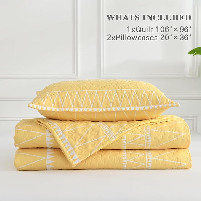 Andency Yellow King Size Quilt Set, 3 Pieces Boho Lightweight Soft Striped Bedspread for All Season (106"x96"), Printed Bohemian Microfiber Reversible Coverlet Comforter Sets