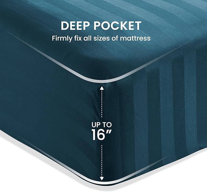 SLEEP ZONE Striped Cooling Twin Sheets Set for Kids - Fitted Flat Sheet & Pillowcase Sets 3 Piece - Super Soft Stripe Bed Sheet, Easy Care, Deep Pocket (Teal, Twin)