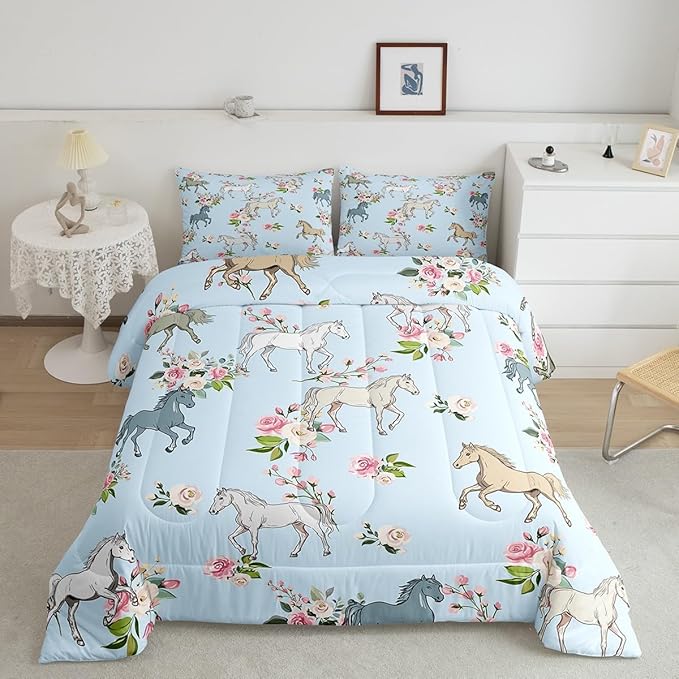 Horse Quilt Twin Size, Farmhouse Western Cowboy Cowgirls Duvet Insert for Kids Boys Girls Teens, Cartoon Kawaii Horse Bedding Set, Rustic Rose Floral Comforter Set + 1 Pillow Case