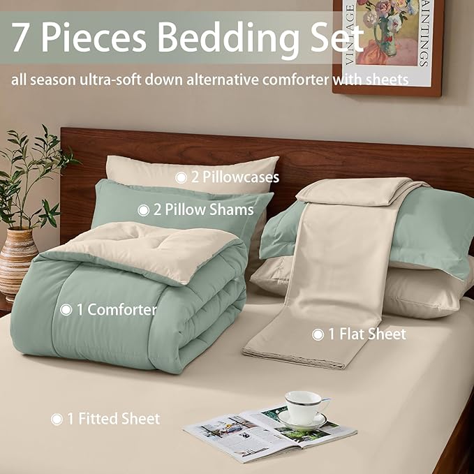 FUANNA King Size Comforter Set 7 Pieces, Reversible Bedding Sets with All Season Soft Comforter, Bed in a Bag Includes Comforter, Flat Sheet, Fitted Sheet, Pillowcases & Shams, Sage Green & Beige