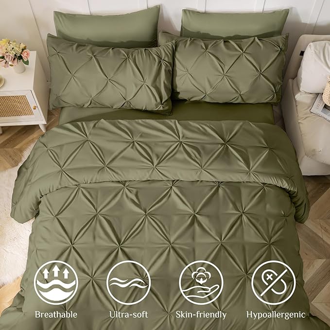 JOLLYVOGUE Queen Comforter Set 7 Pieces - Bed in a Bag Queen for All Season, Pintuck Bedding Comforter Sets with Comforter, Flat Sheet, Fitted Sheet and Pillowcases & Shams, Olive Green