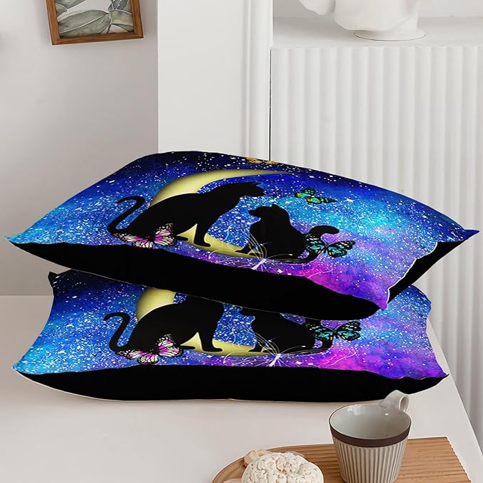 Axolotl Black Cat Comforter Bedding Set King,Cartoon Cat Butterflies Moon Printed Kids Bedding Set,Starry Sky Gradient Bedding for Kids Boys Girls Adults Teens All Season,1 Quilt 2 Pillow Cases,Blue