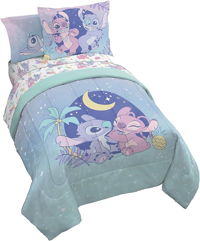 Jay Franco Disney Lilo and Stitch Twin Size Comforter Set - 5 Piece Floral Bedding Includes Sheet Set & Pillow Covers Features Angel - Super Soft Purple & Teal Stars Kids Bedding