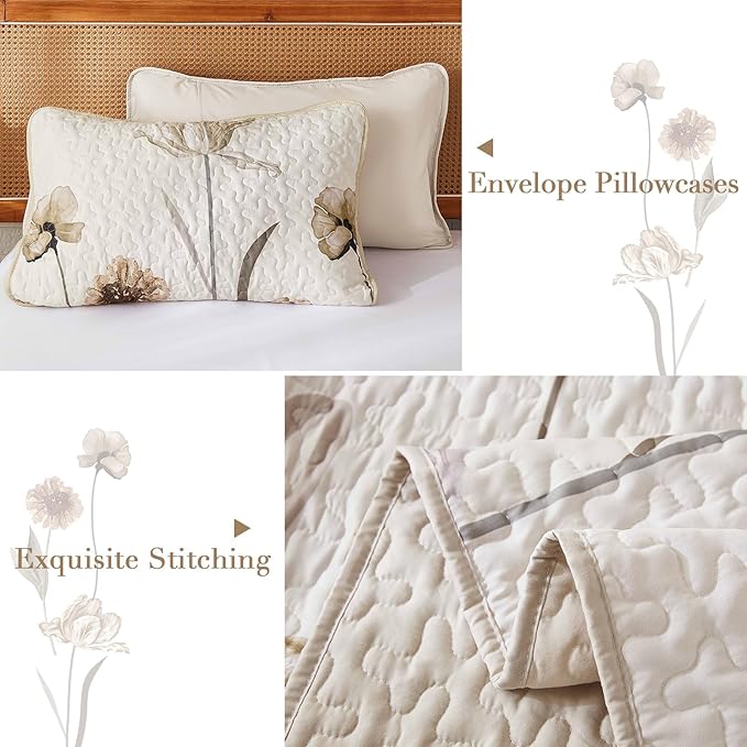 WONGS BEDDING Quilt Set Queen,Cute Floral Bedspread Coverlet Set,3 Pieces Brown Quilts Bed Cover,Lightweight Farmhouse Floewr Quilts Summer Bedding Set for All Season(96"x90")