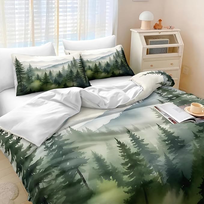 Bedbay Misty Forest Bedding Set King Size Nature Mountain Comforter Set Aesthetic Room Decor Cabin Style Quilt Duvet Set 4 Pieces for All Seasons 1 Comforter 2 Pillowcases 1 Cushion Cover