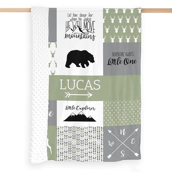 Custom Bear Baby Blanket for Boy, Baby Blanket with Name - 35 x 45 Inches Blankets with Double Layer Dotted Backing - Shower Gifts for Nursery - Essential Bebe Stuff, Reseda