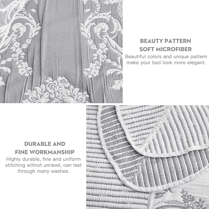 HZ & HY Oversized King Bedspread 138x122 Extra Wide, Jacquard Matelasse Damask Pattern Design, Lightweight, Reversible, 5 Piece, 100% Microfiber, California/Alaskan King, Grey