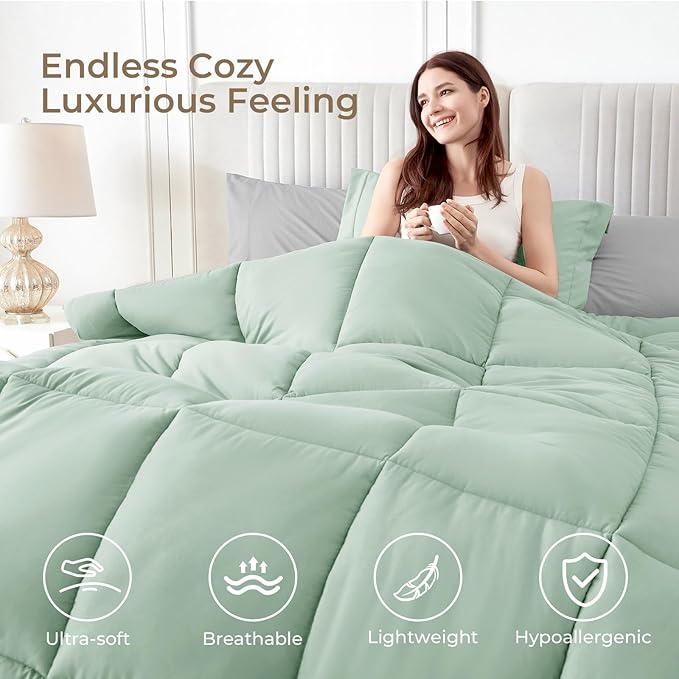Sasttie Queen Comforter Set, 7 Pieces Bed in a Bag Queen, Complete Bedding Set Includes Comforter, Flat Sheet, Fitted Sheet, Pillowcases and Pillow Shams, Sage & Light Grey