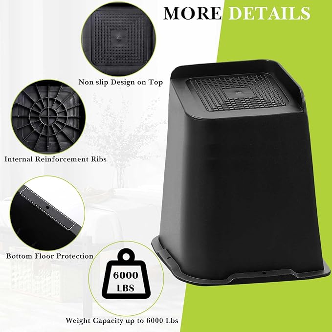 Bed Risers 1 inch, 2 inch, 3 inch, 4 inch, 6 inch, 8 inch Heavy Duty, Oversized Furniture Riser for Couch Sofa Table Chair Leg Frame Dorm, Support up to 6000 Lbs (Black 8 Pack, 8 inch)- 9