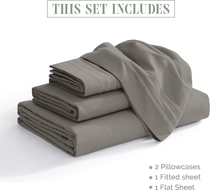 Elegant Comfort Luxurious 1500 Premium Hotel Quality Microfiber Three Line Embroidered Softest 4-Piece Bed Sheet Set, Wrinkle and Fade Resistant, Twin/Twin XL, Gray