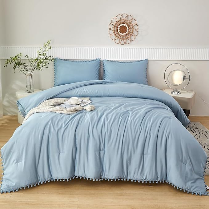 PERFEMET Full Pom Pom Comforter 5 Pieces Aesthetic Grayish Blue Pom Bed in A Bag Soft Fluffy Blue Solid Bedding Sheets and Comforter for Boys Kids(Grayish Blue, Full)