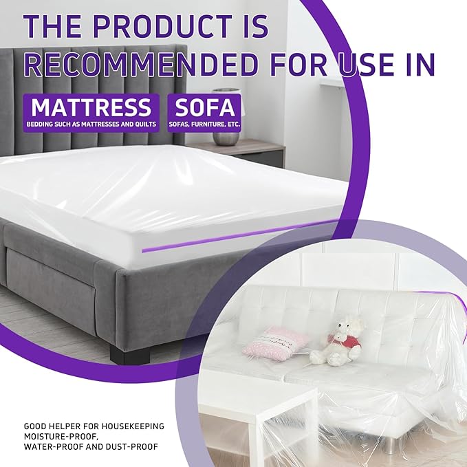 Gooo&Ma 6Mil Thicken Mattress Bag for Moving, Waterproof Zippered Mattress Cover for Storage, Reusable Plastic Encasement, Tear Proof Dust Proof Protection（Queen、Purple）