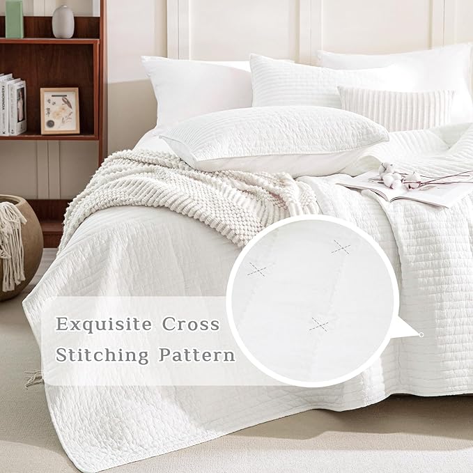 CozyTide Oversized King Bedspread 128"x120",Stone-Washed Cotton White Oversized King Quilt Bedding Set,Soft Lightweight Extra Large Farmhouse Boho Bedspread & Coverlet Sets 3 Pieces