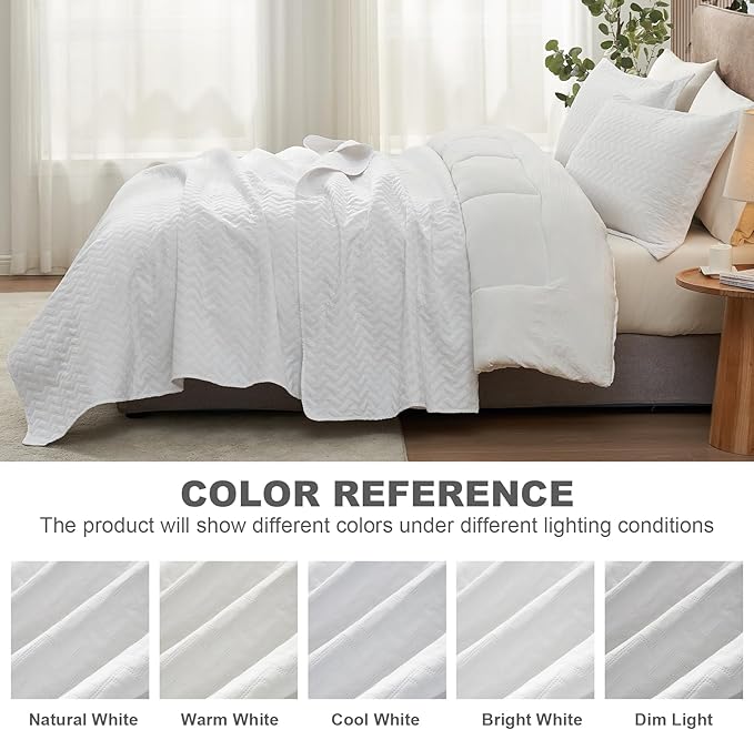 Hansleep White Quilt Queen Size - Chevron Pattern Ultrasonic All Season Bedspread Queen, Soft Lightweight Coverlet Bedding Set, 3 Pieces (1 Quilt, 2 Pillow Shams)