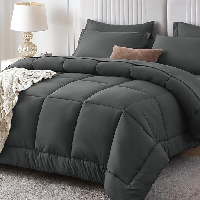 Sasttie Queen Comforter Set, 7 Pieces Bed in a Bag Queen, Complete Bedding Set Includes Grey Comforter, Flat Sheet, Fitted Sheet, Pillowcases and Pillow Shams, Dark Grey