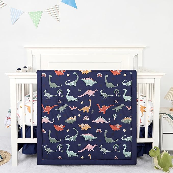 Crib Bedding Set for Boys, Baby Crib Bedding Set 4 Piece, Baby Boy Nursery Bedding Set Including Comforter, Fitted Crib Sheet, Crib Skirt, Diaper Stacker, Blue Dinosaur | Cute Pattern, 4 Piece