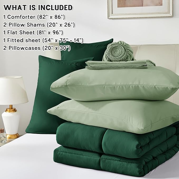 Anluoer Full Comforter Set,Emerald Green&Sage Bed in a Bag 7 Piece,Lightweight Bedding Set with Soft Down Alternative Fill,Bed Set Includes Comforter, Fitted Sheet, Flat Sheet,Pillowcases and Shams