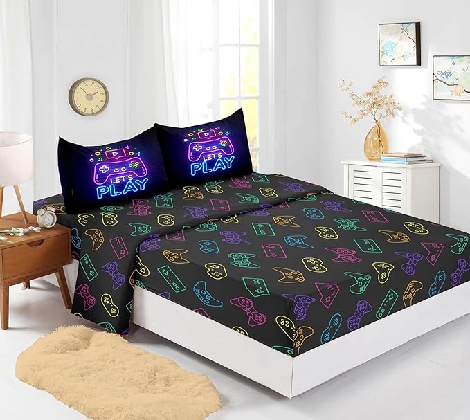 Gaming Comforter Sets,Gaming Bedding Set,Kids Comforter Sets for Boys,Twin Purple Bed Sets for Boys,Bed in A Bag with Sheets(Twin,Purple Color)