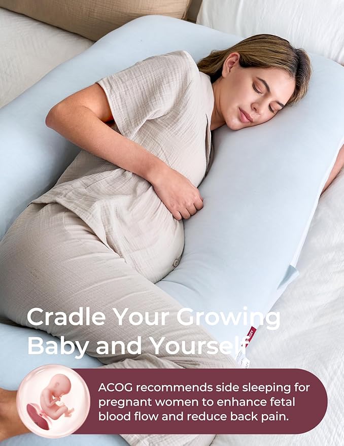 Momcozy Pregnancy Pillows for Sleeping, U Shaped Full Body Pillow for Pregnancy Women with Removable Jersey Cotton Cover, 57 Inch Maternity Pillow, Light Blue