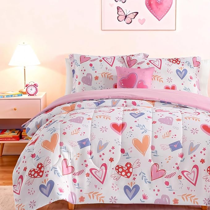 Full Size Comforter Set for Girls - 4 Pieces Heart Love Full Bedding Sets for Kids,1 Comforter, 2 Shams and 1 Decor Pillow