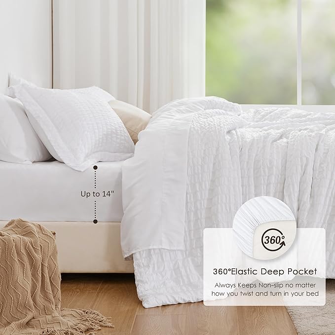 Love's cabin Seersucker White King Size Comforter Set, 7-Piece All Season Lightweight Bed in a Bag Bedding Set with Comforter, Flat Sheet, Fitted Sheet, Pillowcases and Shams | Soft, Breathable, Lightweight