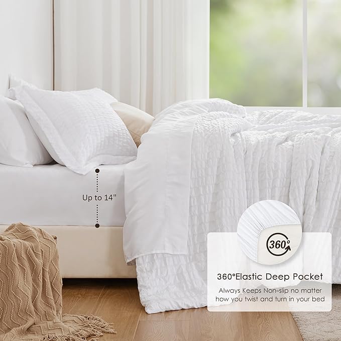 Love's cabin Seersucker White California King Comforter Set, 7-Piece All Season Lightweight Bed in a Bag Bedding Set with Comforter, Flat Sheet, Fitted Sheet, Pillowcases and Shams | Soft, Breathable, Lightweight