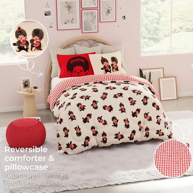Monchhichi Bedding 7 Piece Full Bed Set, Soft Cozy Nostalgia Reversible Comforter and Sheet Set with Sham, (Officially Licensed Product) by Franco