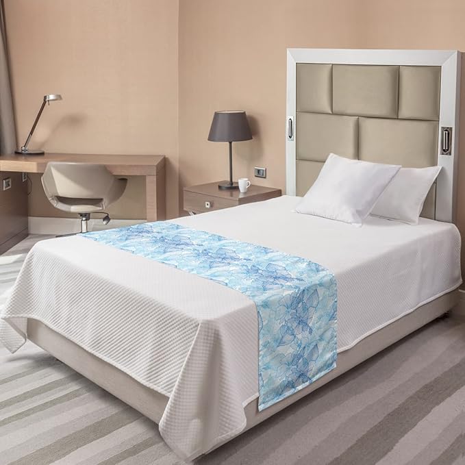 Lunarable Blue and White Bed Runner, Hibiscus Flowers Tropical Foliage Hand Drawn Monotone Design, Decorative Accent Bedding Scarf for Hotels Homes and Guestrooms, Twin, Cobalt Blue