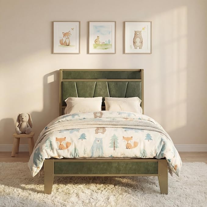 LIKIMIO Twin XL Bed Frame, Storage Headboard with Charging Station, Solid and Stable, Noise Free, No Box Spring Needed, Easy Assembly (Dark Green)