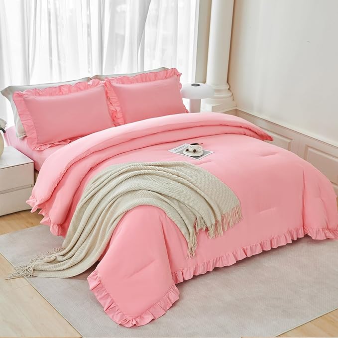 ANGIYUIN 5 Pieces Ruffle Full Bed in A Bag with Sheets Coral Pink Farmhouse Elegant Comforter Set for Girls Teens Shabby Chic All Season Bedding Sets(Coral Pink Full)
