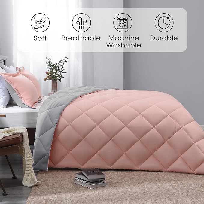 Basic Beyond Queen Comforter Set - Pink and Grey Comforter Set Queen, Reversible Bed Comforter Queen Set for All Seasons, Baby Pink/Grey, 1 Comforter (88"x92") and 2 Pillow Shams (20"x26"+2")