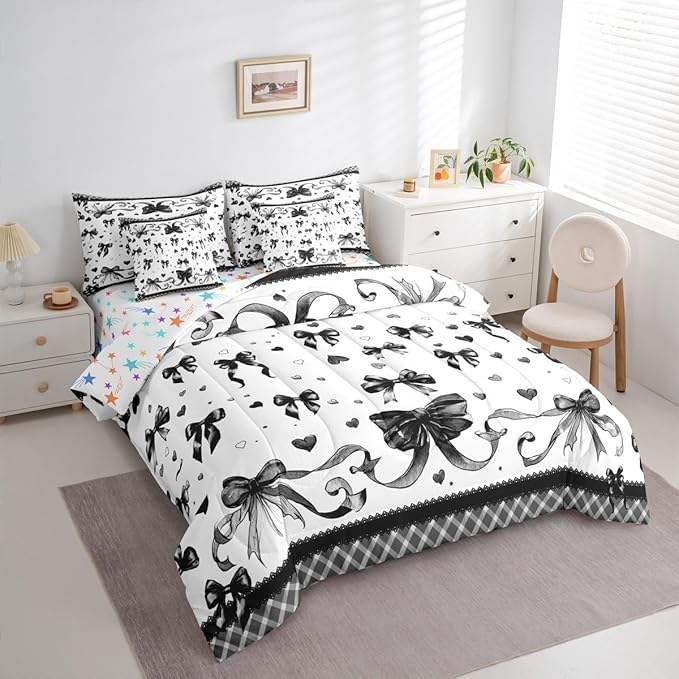 Feelyou Bowknot Comforter Set King Size 7 Pieces Dreamy Princess Bedding Set for Kids Boys Girls Cute Bow Bed in a Bag with Comforter, Sheets, Pillowcases, Cushion Covers Love Hearts Quilted Soft