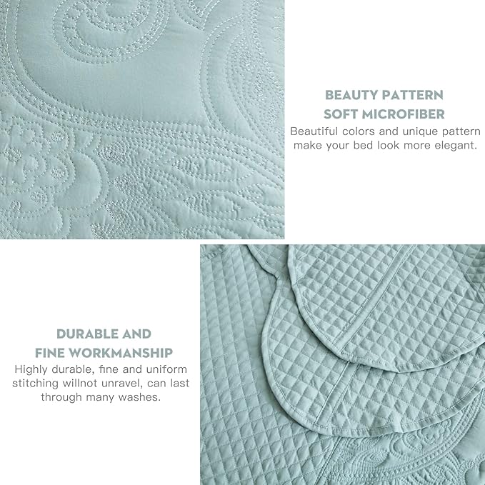 Oversized King Bedspread 138x122 Extra Wide, Paisley Pattern Design, Lightweight Bedding Cover, Reversible, 5 Piece, 100% Microfiber, California/Alaskan King, Seaglass