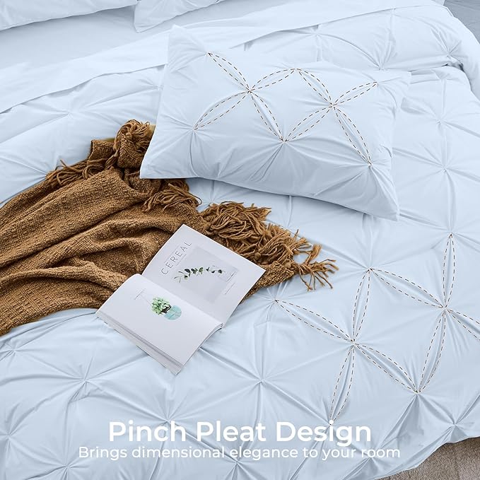 Sasttie King Size Comforter Set, 7-Piece Bed in a Bag, Pintuck Bedding Sets for All Season, Includes Comforter, Flat Sheet, Fitted Sheet, Pillowcases and Pillowshams, Light Blue
